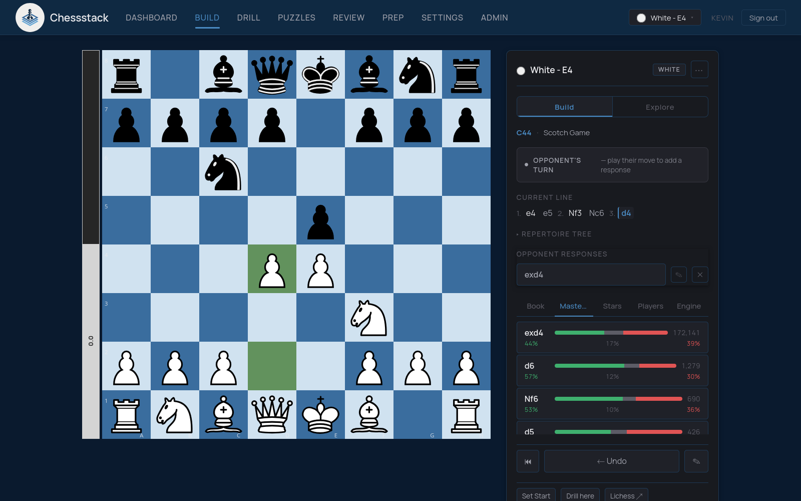 Chessstack repertoire builder showing chessboard with Stockfish analysis and masters database