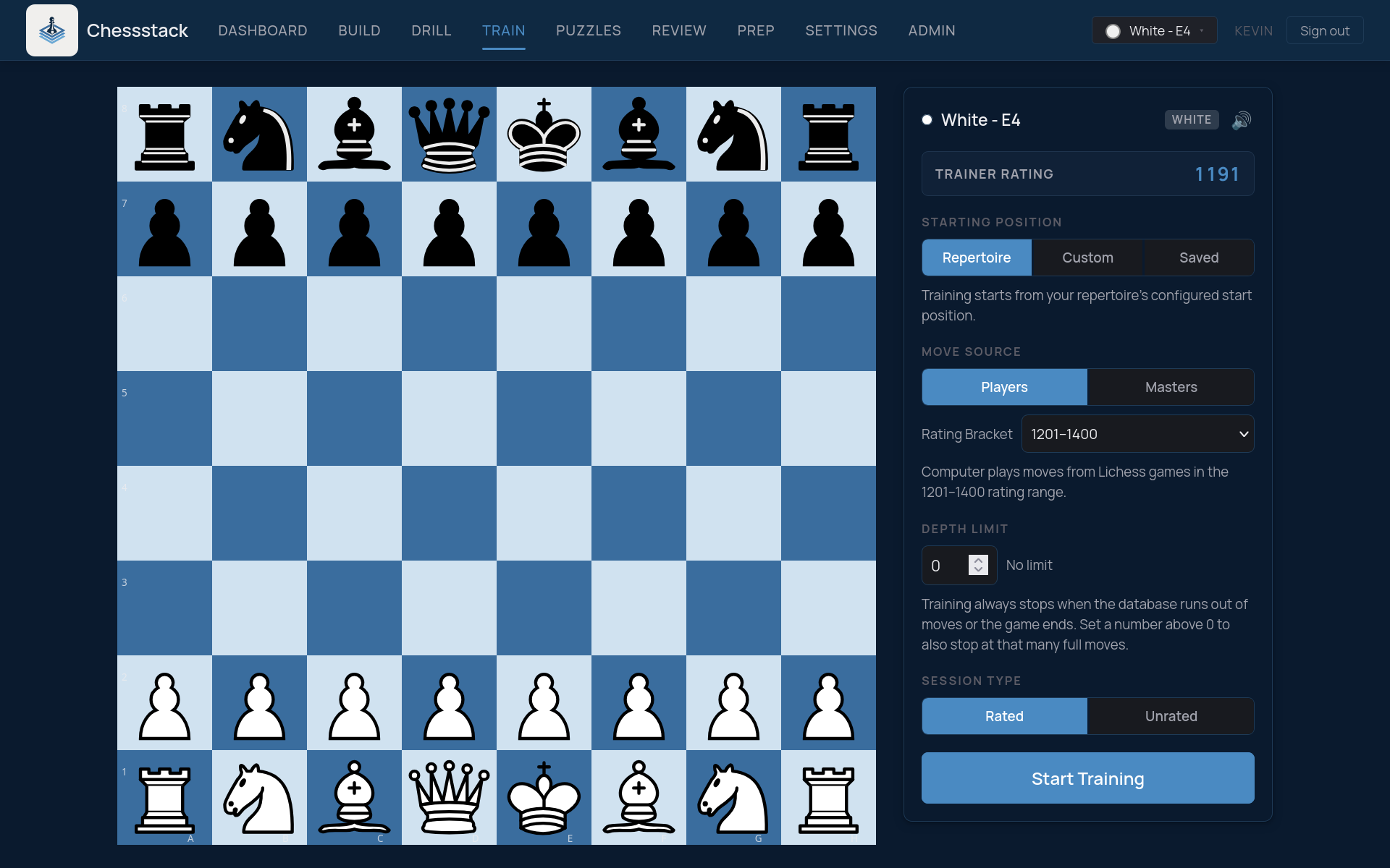 Chessstack opening trainer playing against a computer weighted by real game statistics